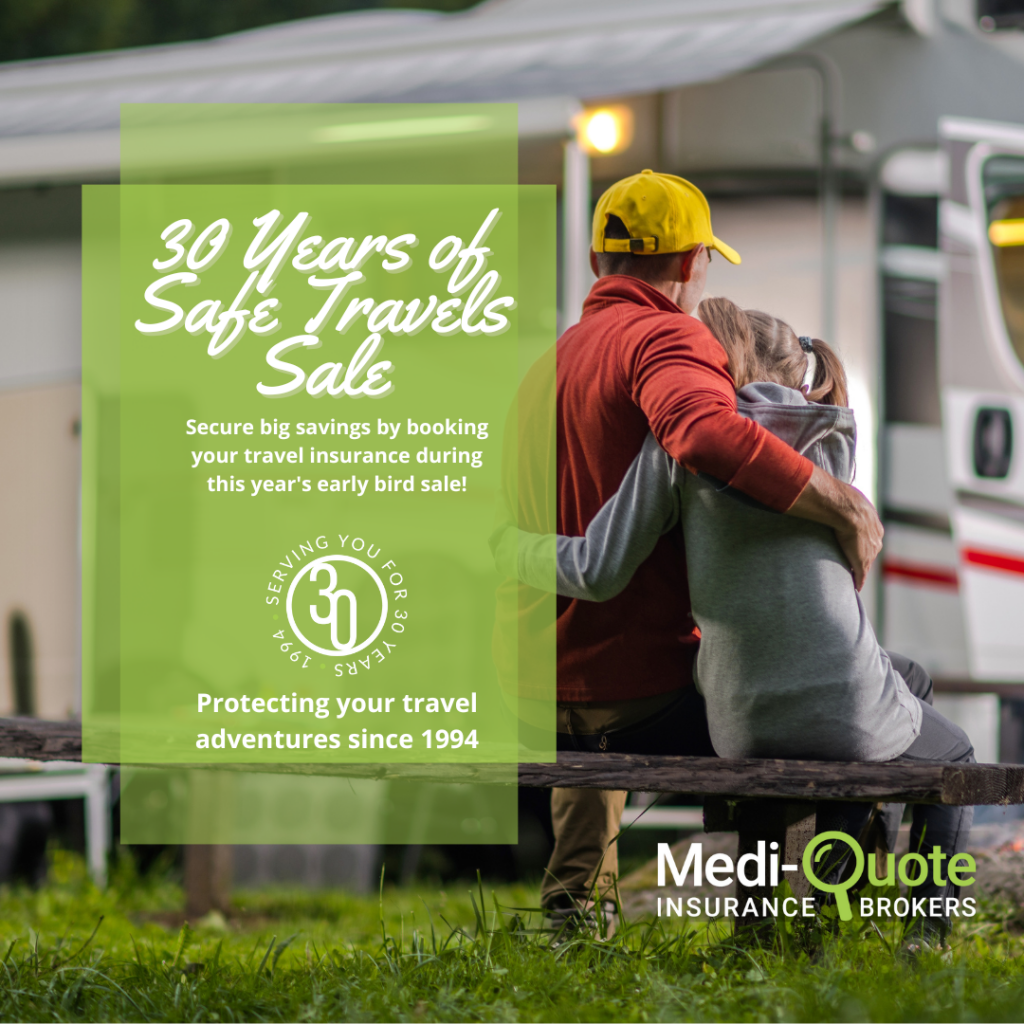 30 years of Safe Travels Sale - Secure big savings by booking your travel insurance during this year's early bird sale. 

An older man hugs his granddaughter by an RV